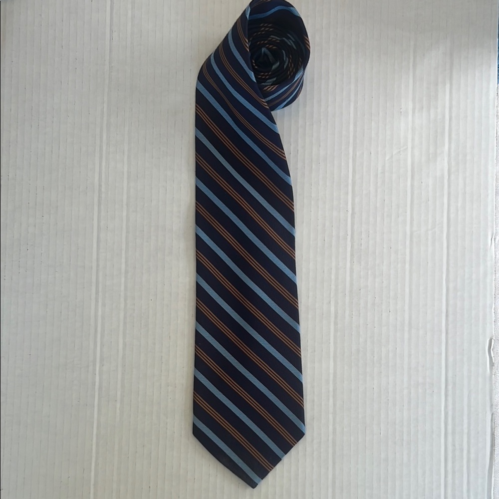 DION Classic Blue and Brown Striped Cashmere and Silk Tie